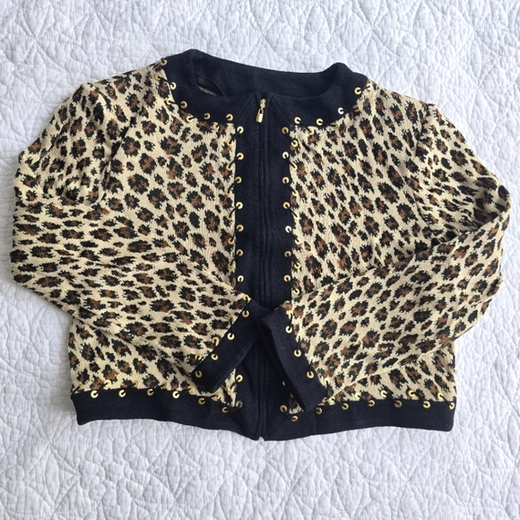 St.John Collection Leopard Print Zip Up Grommet Trim Knit Sweater Cardigan - Picture 1 of 10